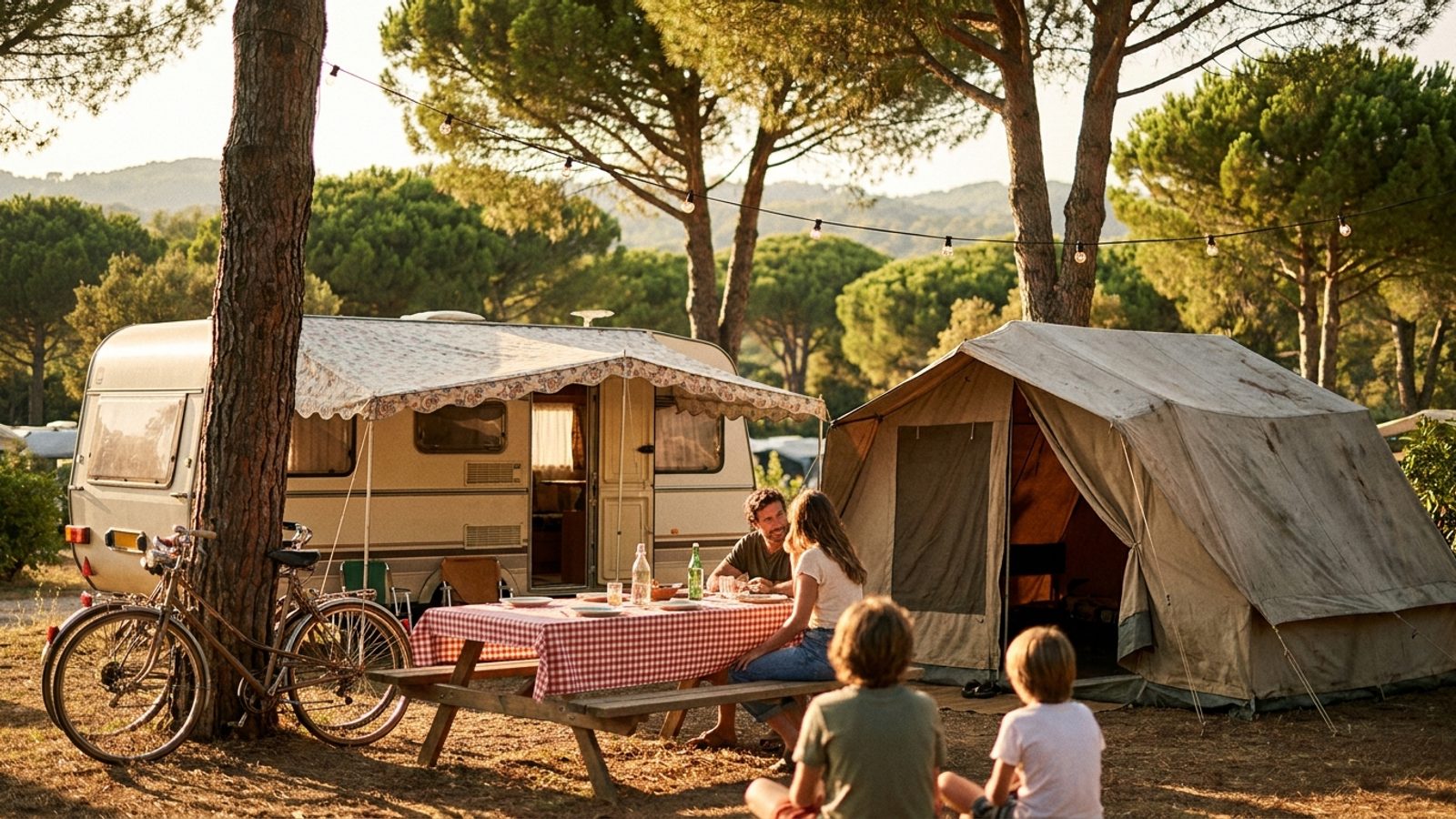 Caravan en tent op een Zuid-Europese camping